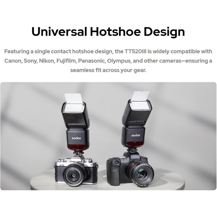 Спалах для камери Godox TT520III, швидка зарядка 1.8с, 400x потужність, сумісний з Canon, Nikon, Panasonic, Olympus, Pentax (без TTL)