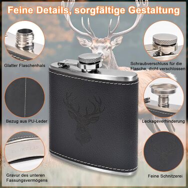 Фляга для чоловіків Jäger з гравіюванням оленя, 180 мл, нержавіюча сталь, комплект з 2 склянок, відкривачем, воронкою, кракею та шкіряним чохлом, аксесуар для полювання