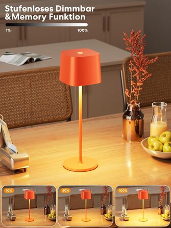 Настільна лампа бездротова акумуляторна LED помаранчева з USB-C, 3 кольори світла (3000-6000K), диммер, водонепроникна IP54, алюмінієва