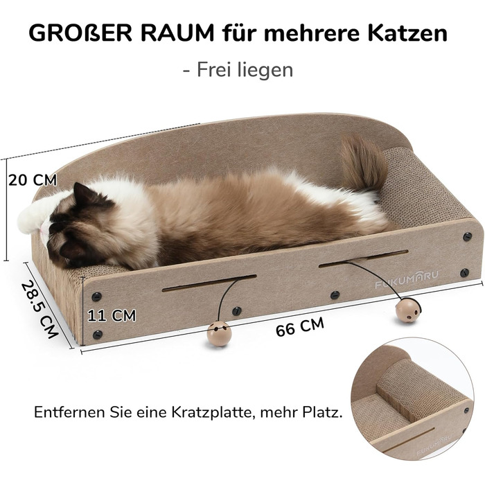 Cat Scratch Board, 66CM Durable Scratch Cardboard and Felt, Large Lounger, 2 Reversible Cat Scratch Pads for Cats, Recyclable Cardboard Cat Bed with Bell Ball Toy, Caramel Color (Large Format Beige)