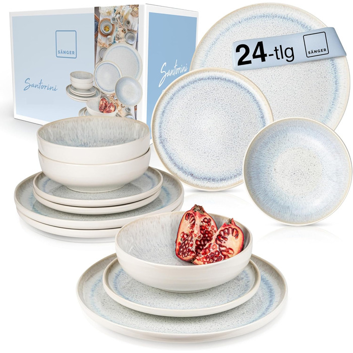 SÄNGER | Santorini Tableware Set, 24-Piece, Dinnerware Set for 8 People, Stoneware Dinner Set, Tableware Service including Dinner Plates, Dessert Plates & Deep Plates, Cream-Colored Dishware with Lavender Blue Gradient, Santorini Tableware Set 24-Piece.