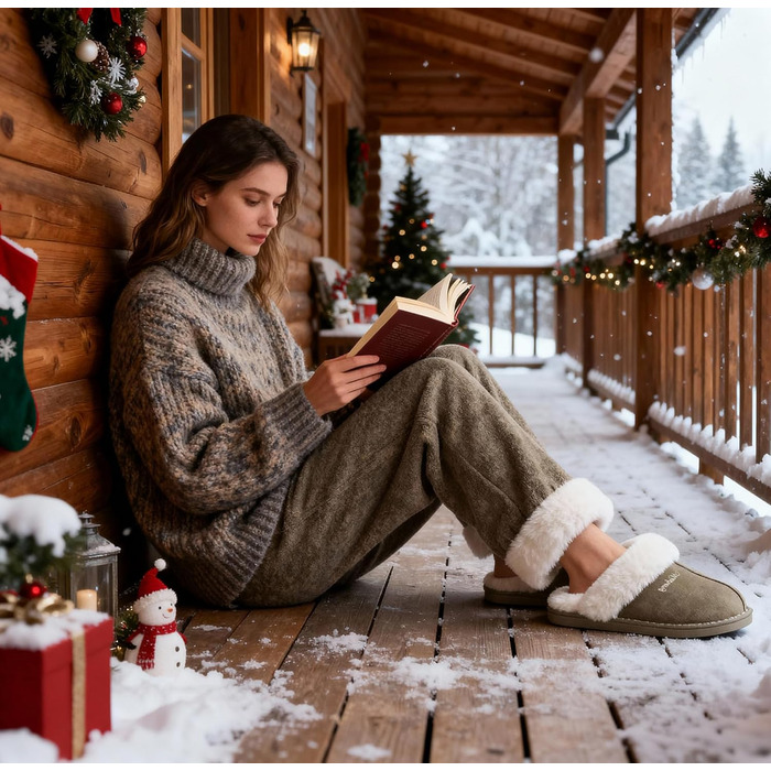 Домашні тапочки для жінок та чоловіків зимові теплі з синтетичного хутра, овчої шкури, штучного хутра, плюшу, м'які, з антиковзким покриттям, пантолетти для дому та вулиці (42.5/44 EU, Forest Night)