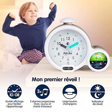 Pabobo Kid Sleep - Alarm Clock - Educational Children's Alarm Clock Day / Night Light - Dual Display and 3 Alarms to Choose From - Works on DC or Batteries – Grey