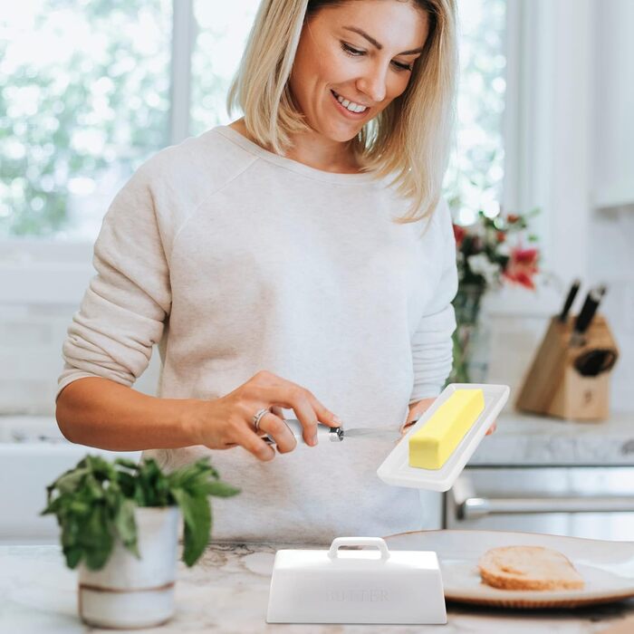 Ceramic Butter Dose Set with Lid and Knife, Decorative Butter Stick Holder with Handle for 1 Butter Stock, Microwave Safe, Dishwasher Safe, Includes Anti-Scratch Sticker