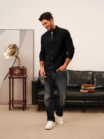 Кардиган чоловічий PJ PAU JONES з косими візерунками, на ґудзиках, грубий трикотаж (L, Чорний)