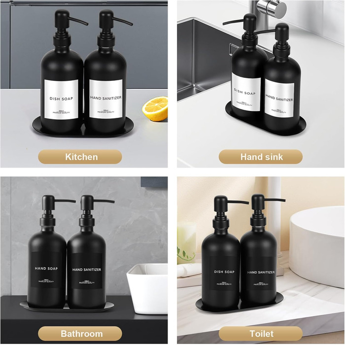 Набір дозаторів для мила Lannvan, скло, 500 мл, чорний матовий, для ванної кімнати та кухні, з підносом та етикетками