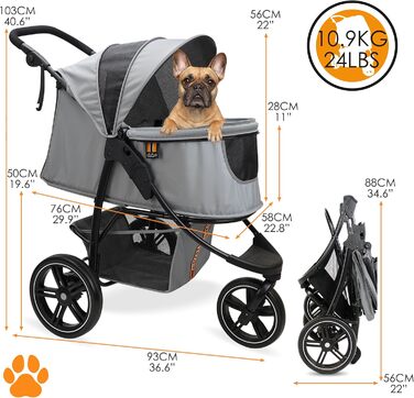 COOPER Складаний переносний візок для собак до 32 кг | Візок для тварин з регульованою висотою та кошиком для покупок | М'які ручки Soft Touch та світловідбиваючий дизайн | Ідеальний для транспортування домашніх тварин – Сірий