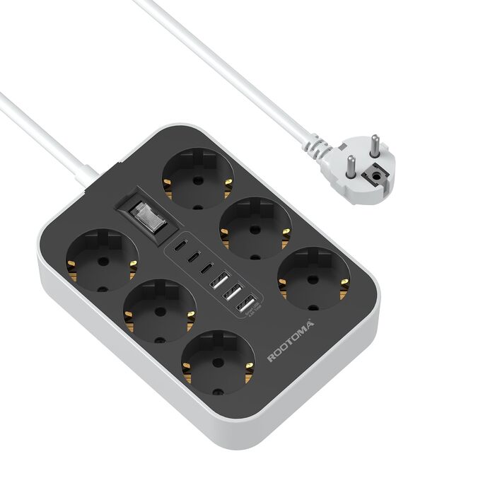 Мережевий фільтр 6-фазний з USB (3 USB-A, 3 USB-C), настінний, з вимикачем та кабелем 2м, захист від перенапруги, чорний