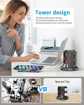 Мережевий фільтр BEVA на 8 розеток з USB-C та USB-A, LED-підсвіткою, 2 окремими вимикачами та захистом від перенапруги, кабель 2м, 2500Вт, чорний
