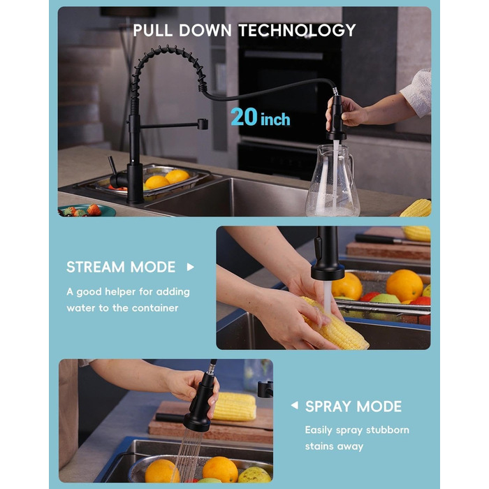 Кран кухонний APPASO 3-в-1 чорного кольору з трьома виходами, для фільтрації води, поворотний на 360°, з двома ручками, з нержавіючої сталі, низький тиск