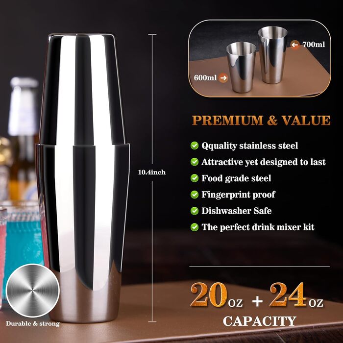 Набір шейкер для коктейлів Barkeeper-Kit: 15-ти частинний набір барного інвентарю з акриловим підставкою. Ідеально для приготування напоїв вдома, в барі, на вечірках. Срібний колір.