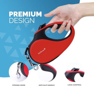 Рулетка для собак FurDreams – міцна висувна поводок (5 м) з надійним гаком для нашийника | Неслизька ручка з блокуванням | Міцний нейлоновий трос, що не заплутується (червоний, великий)