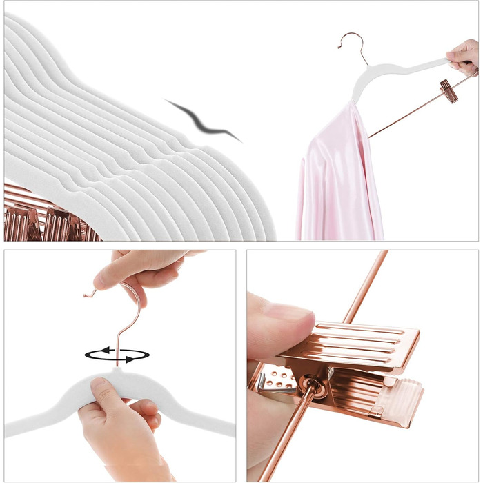 SONGMICS Clothes Hangers, 24 Pack, 42 cm, Garment Hangers with Adjustable Clamps and Gold Hooks, Non-Slip, Space-Saving, for Skirts, Light Pink CRF14PK24, Standard, (White)