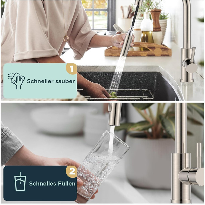 Змішувач кухонний FORIOUS чорного кольору з висувною лійкою, поворотний на 360°, нержавіюча сталь