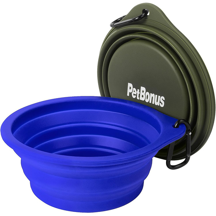Складані годівниці для собак PetBonus, 2 шт. Силіконові миски для води для собак у подорожах, портативні, не проливаються з карабіном для собак і котів, для води та корму (600 мл, Армійний зелений, Синій)