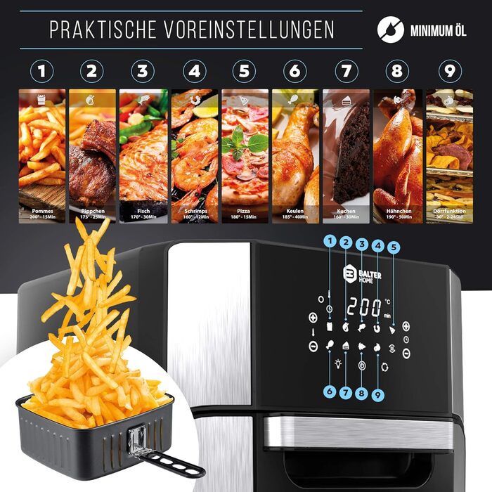 Balter Hot Air Fryer HL-1200, Fryer, 12 Liter, Mini Oven, Dehydrator Function, LCD Display, 10 Programs, incl. Recipe Booklet and Accessories