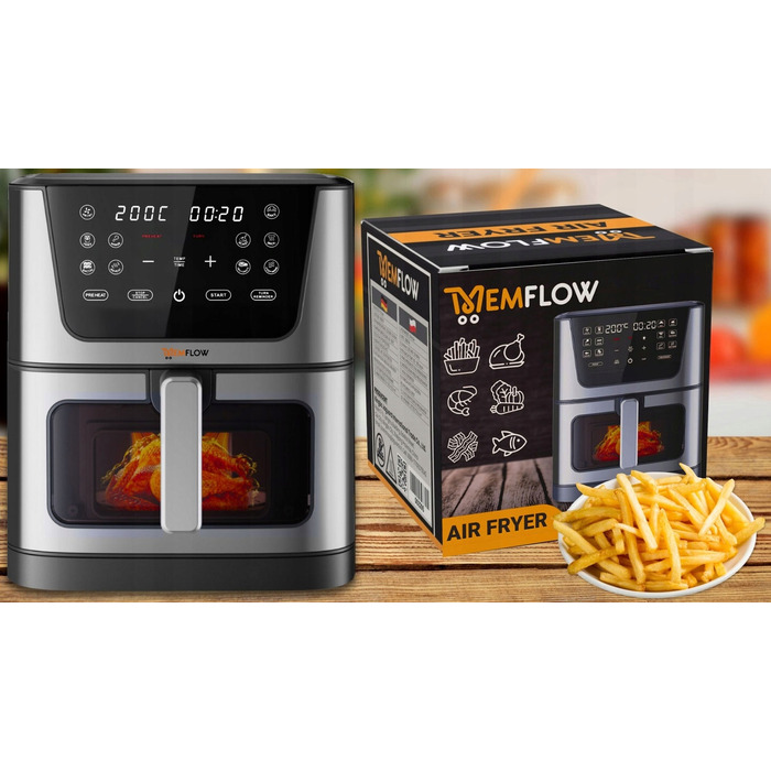Аерофритюрниця MEMFLOW 8л, 1800 Вт, 14 програм, сенсорне керування, срібляста