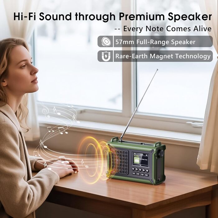 Радіоприймач Kurbelradio з DAB/DAB+/UKW, акумулятор 12000mAh, сонячна панель 8500mm², ручний генератор, Bluetooth 5.0, ліхтарик та світло для читання, для відпочинку на природі, кемпінгу, зелений