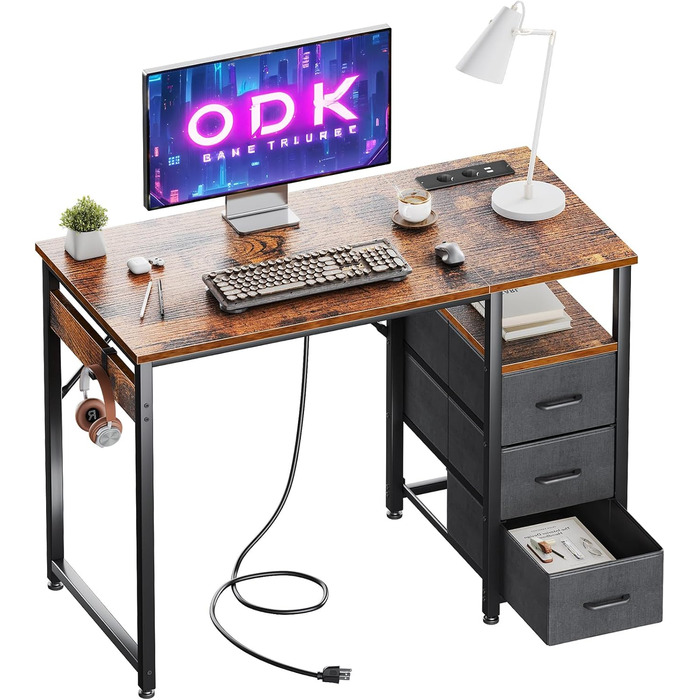 Комп'ютерний стіл ODK з 3 текстильними шухлядами, розетками і USB, реверсивний, для домашнього офісу, чорний, 100x48x75.5 см