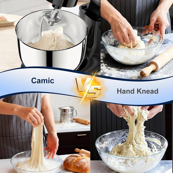 Кухонний комбайн-міксер Camic з LED-дисплеєм, 10 швидкостей, 3 насадки (вінчик, міксер, гак) та 2 чашами з нержавіючої сталі 4л і 5л для тіста, хліба та тортів, чорний
