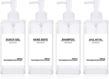Набір дозаторів для мила Roselee (4 шт.), 300 мл, прозорі, для кухні та ванної кімнати
