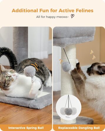 PETEPELA Small Scratching Post 51cm with Sisal Scratching Column, Scratching Board, Scratching Pad, Play Ball, Plush Cave for Kittens, Grey