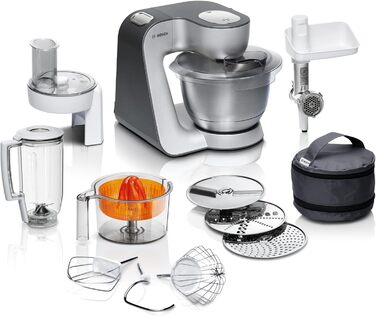 Bosch Kitchen Machine Series 6 MUM56340, 3.9 L Bowl, 1.25 L Mixer, Meat Grinder, Citrus Juicer, Planetary Mixer, Dough Hook, Whisk, Beater, Continuous Slicer, 3 Discs, 900 W, Silver/Grey