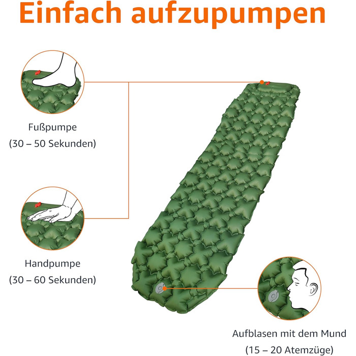Amazon Basics Camping Sleeping Pad - Lightweight, Waterproof, with Foot Pump, 5.6 inch Thick, Olive Green