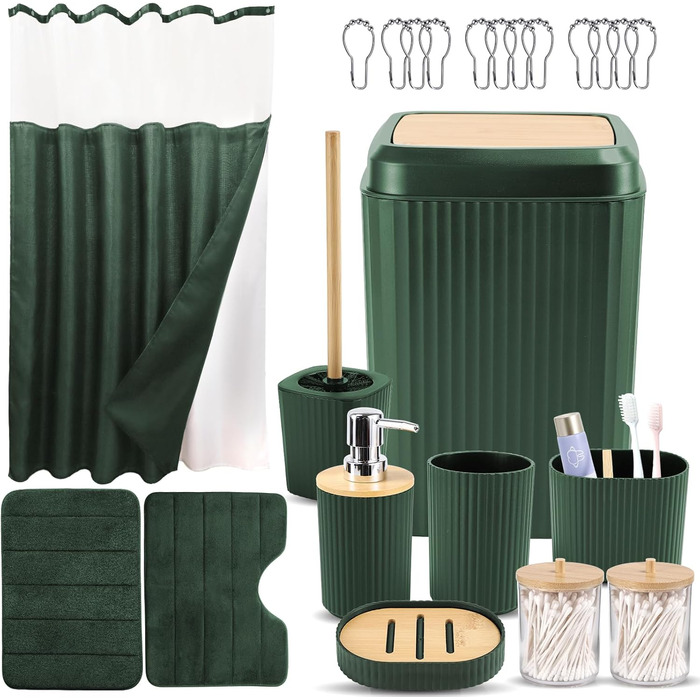 Комплект аксесуарів для ванної кімнати: душовий завіс та килимки (темно-зелений)
