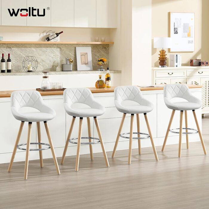 Барні стільці WOLTU 2 шт. з підніжкою, з м'яким сидінням з штучної шкіри, для кухні, бару, кафе, ресторану, білі
