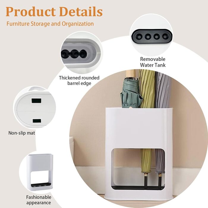 Підставка для парасольки з знімною підставкою для збору води, пластикова підставка для довгих та коротких парасольок, полиця для зберігання в приміщенні (біла)