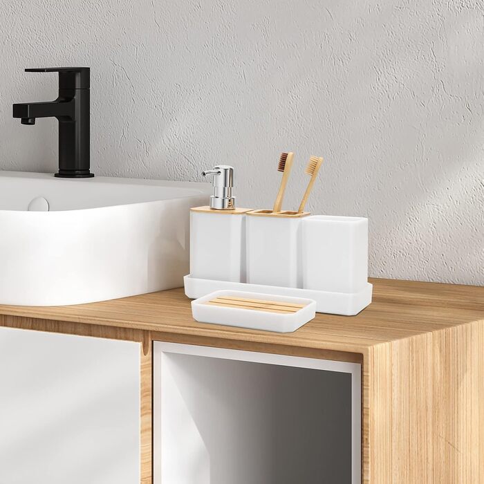 Набір аксесуарів для ванної кімнати FEILANDUO, 5 шт: дозатор для мила, мильниця, тримач для зубних щіток, стакан для води, піднос для косметики, Бохо, сучасний дизайн (білий)