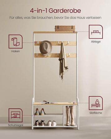 VASAGLE Coat Rack, Wardrobe, Clothes Rack with 9 Hooks, Shoe Bench, Shelf, 30 x 85 x 180.5 cm, for Entryway, Bedroom, Small Apartments, Industrial Design, Vintage Brown-Black HSR409B01 (Oak Color + White)