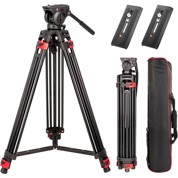 Штатив важкий 183 см, Lusweimi Професійний штатив для відеокамери з алюмінію, 2 швидкісні пластини, 360° Fluid-головка, середній розширювач, Макс. навантаження 7.7 кг