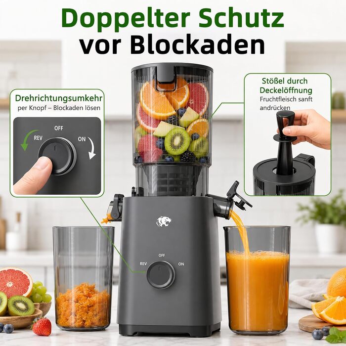 Шнекова соковижималка Slow Juicer для овочів та фруктів з широким завантажувальним отвором 120 мм, холодний віджим, функція самонарізання, 2 сіта, BPA-free