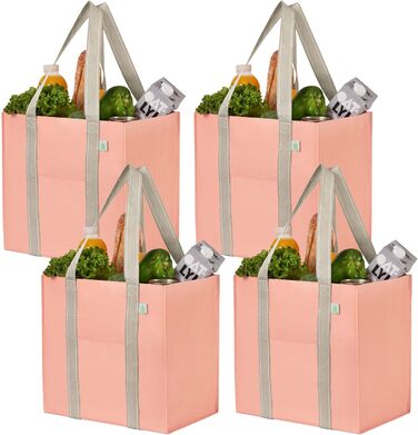 VENO 34 Liter Large Shopping Bag Foldable with Sturdy Bottom and Front Pocket, Reusable Shopping Bags Water-Resistant Tote Bag Shopping Basket for Shopping Picnic (Pink, 4-Pack)