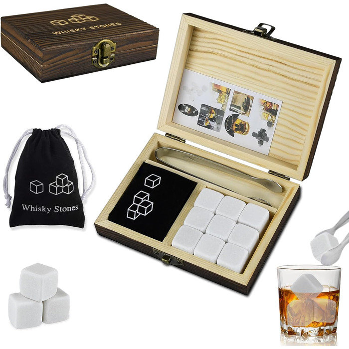 Камені для віскі Whiskey Steine, Набір каміння для охолодження віскі, 9 багаторазових каміння, Подарунковий набір Whiskey Steine