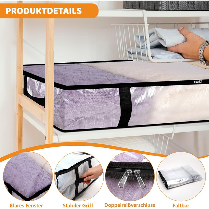 4 шт. Коробки для зберігання під ліжко 90л з кришкою, прозорі, великі, складані, з ручками, для постільних речей, подушок, одягу (4 шт.)