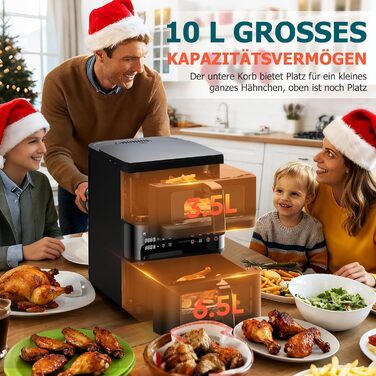 Електрична фритюрниця без олії (10л) з подвійним набором камер, подвійний набір, сенсорний екран, 10 програм, таймер, чорна