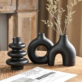 Set of 3 Black Ceramic Vases - Small Pampas Grass Decor, Modern Flower Vases for Home, Wedding & Living Room Centerpieces