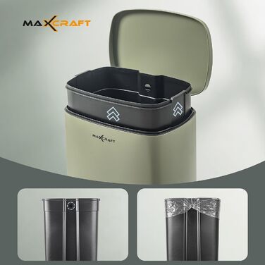 Сталевий відро для сміття з педальним механізмом, 50 літрів, з внутрішнім відром з пластику, м'яке закриття, зелений колір, для кухні, ванної кімнати або офісу