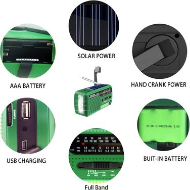 Приймач Degen DE13 FM/AM/SW з сонячною панеллю, ліхтариком, SOS-сигналом та зарядкою для телефону. Зелений