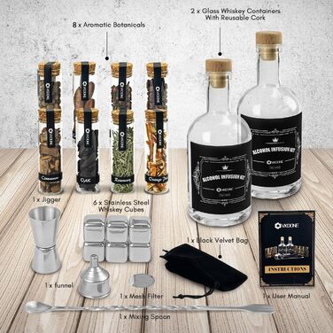 Набір для виготовлення віскі: інфузія, 8 дерев'яних стружок, кубики льоду з нержавіючої сталі, мірний стакан, барна ложка, воронка