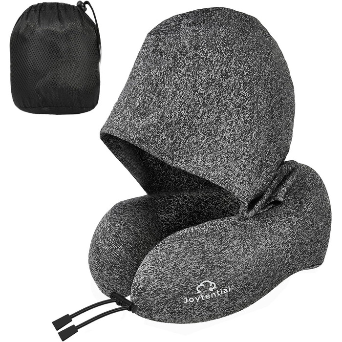 Подушка для шиї в літак з капюшоном, Memory Foam, регульована, для дорослих, авто, офіс (сіра)