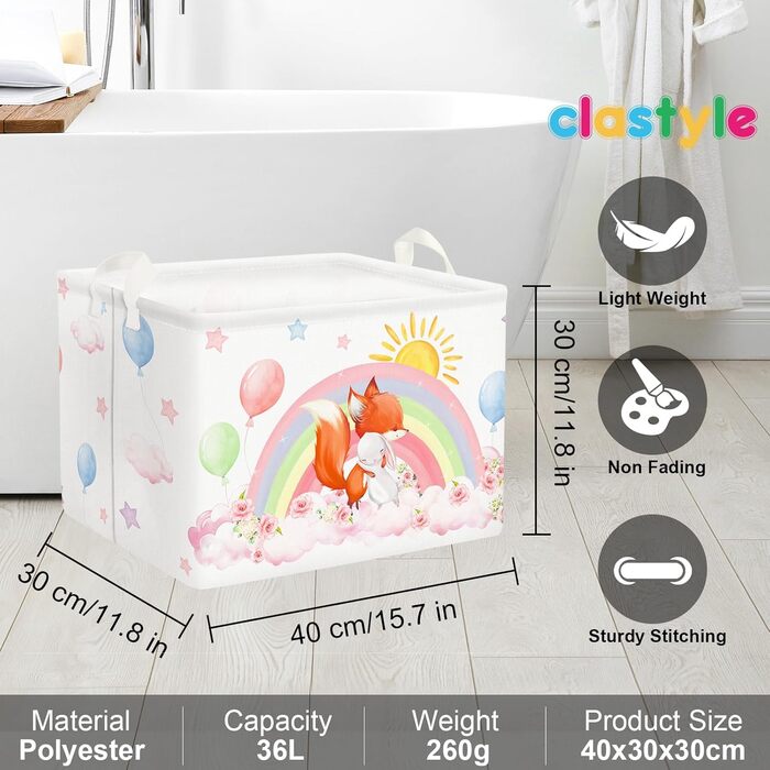 Дитячий кошик Clastyle 36L з ручками, прямокутний, рожевий, для іграшок та одягу, з малюнком лисички та кролика, органайзер для дитячої кімнати та ванної