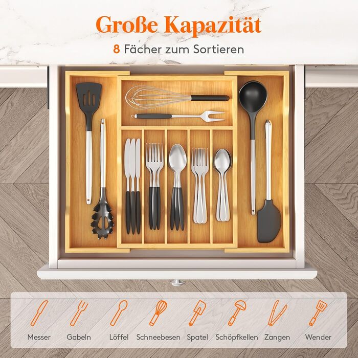 Органайзер для столових приборів Lifewit для шухляд 43 см, дерев'яний, розширюваний (31-53 см), бежевий