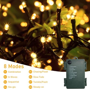 Гірлянда світлодіодна 30м, 300 LED, з таймером, 8 режимів, водонепроникна, зелений кабель, тепле біле світло, для декору, вечірок, саду, Нового року