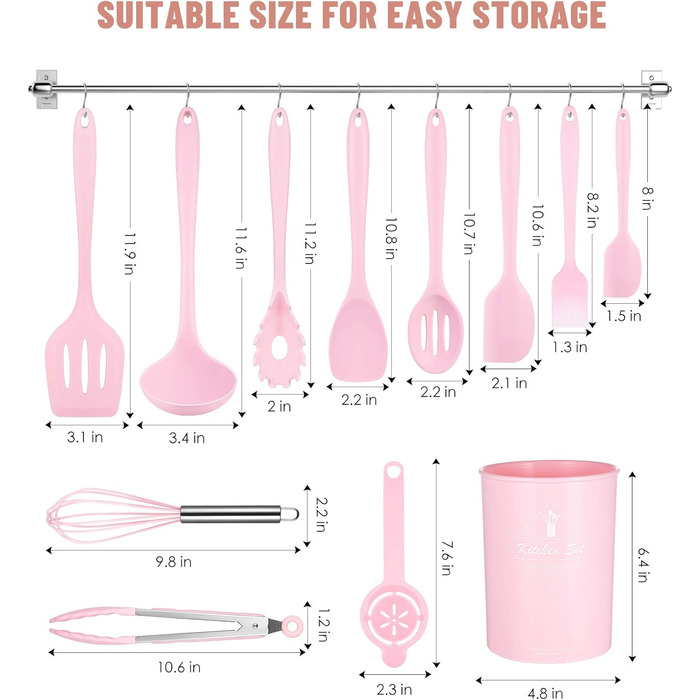 Набір кухонних аксесуарів з силікону, 12 шт., BPA-free, для антипригарного посуду, зелений (рожевий)