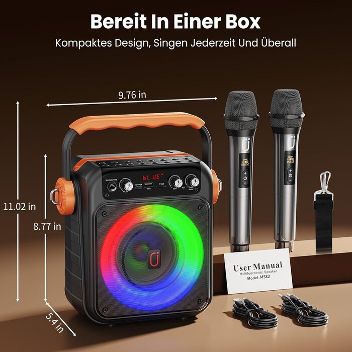 Караоке машина JYX MS82 з 2 мікрофонами, Bluetooth 5.3, USB/TF/AUX, LED-підсвітка, портативна колонка для вечірок та відпочинку