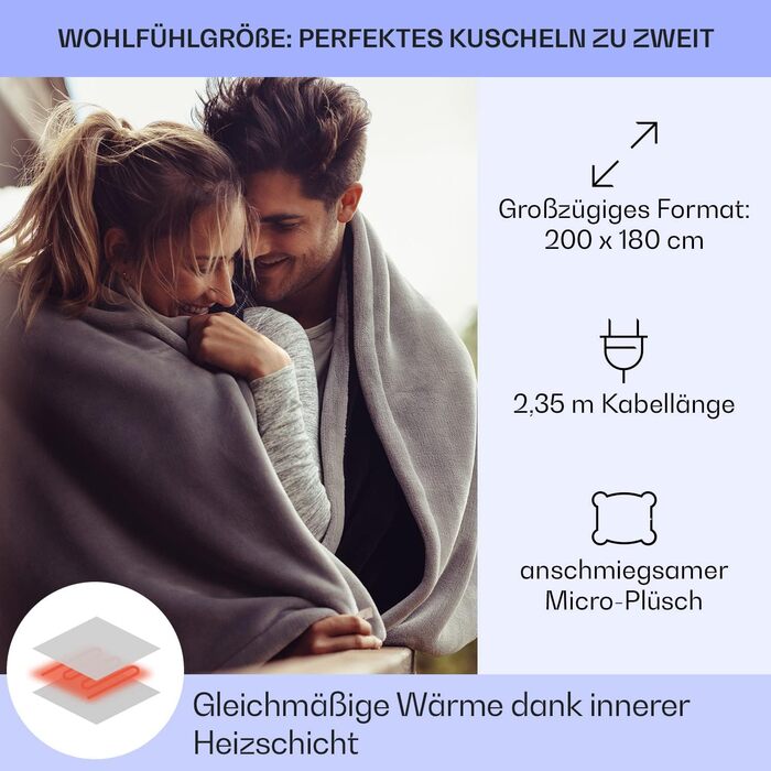 Електрична ковдра Klarstein XXL з підігрівом, 120W, 200x180 см, бежева. Автоматичне вимкнення, для ліжка, дивана та кемпінгу. Економна, пральна.